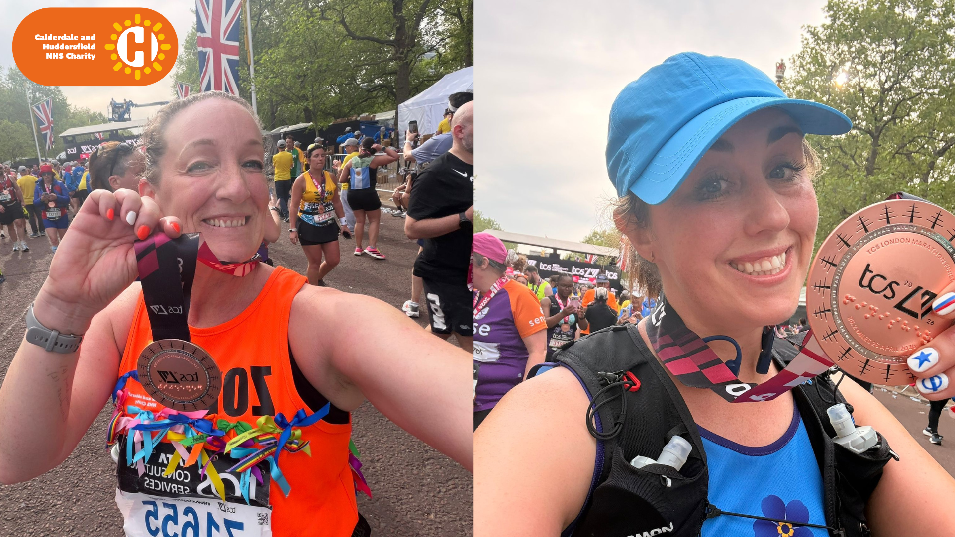 Zoe and Sophie holding their London Marathon medals