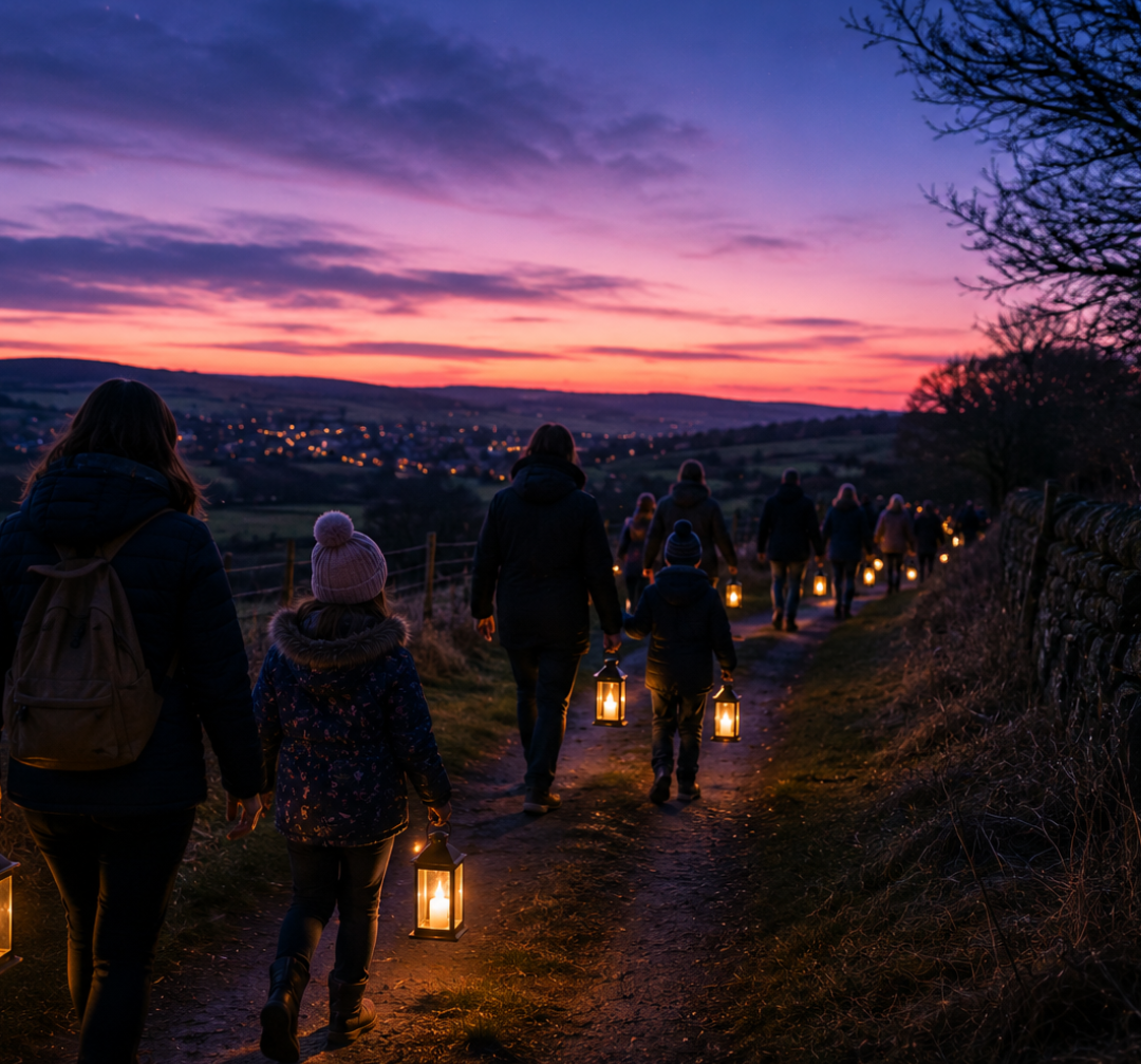 People walking at dusk on a nature trail holding lanterns in the dark