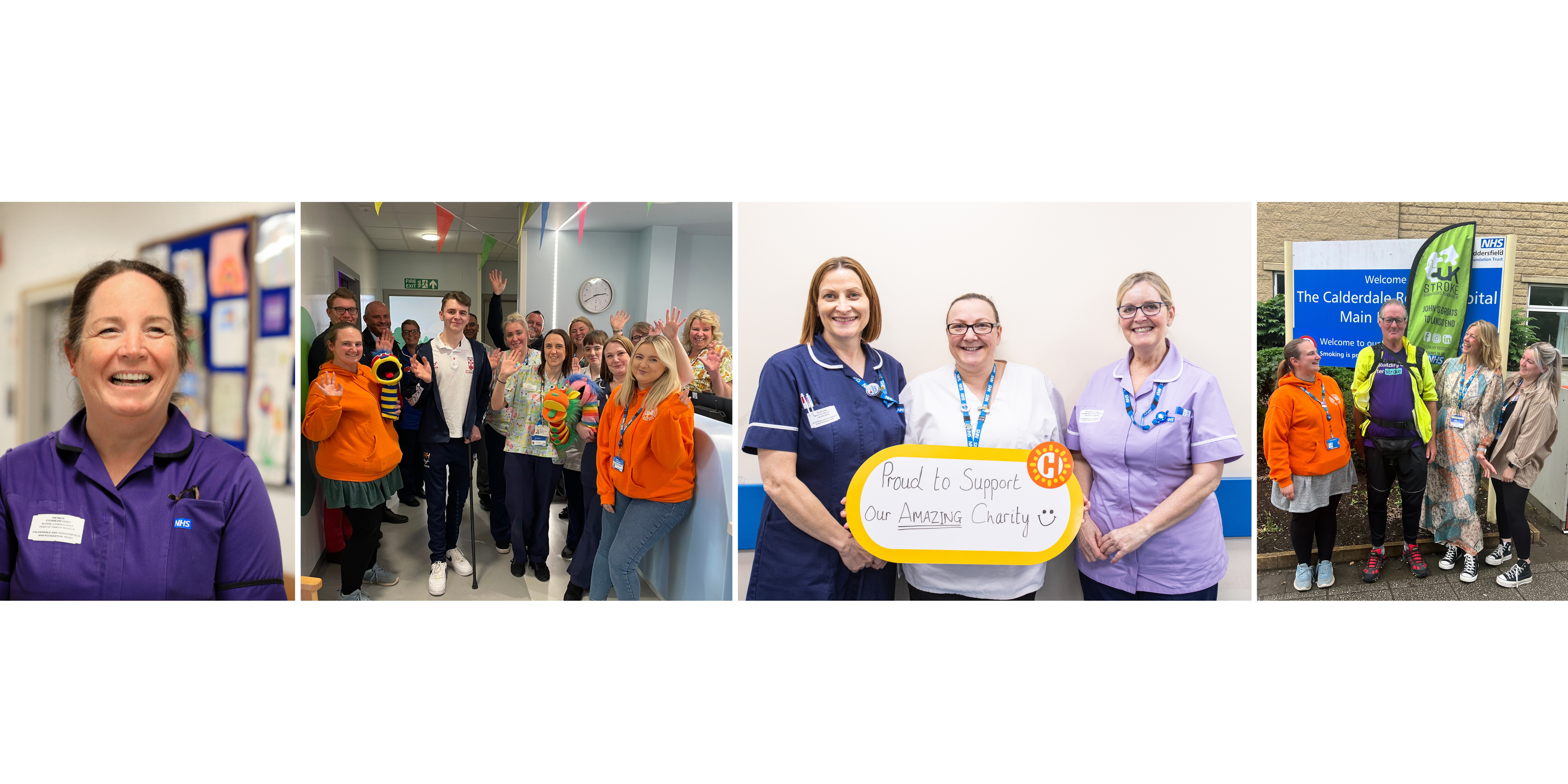 Group of images, colleague laughing, group of individuals waving at camera during grand opening of our Rainbow Community Hub, colleagues holding a thank you message to supporters and charity team standing with a fundraiser.
