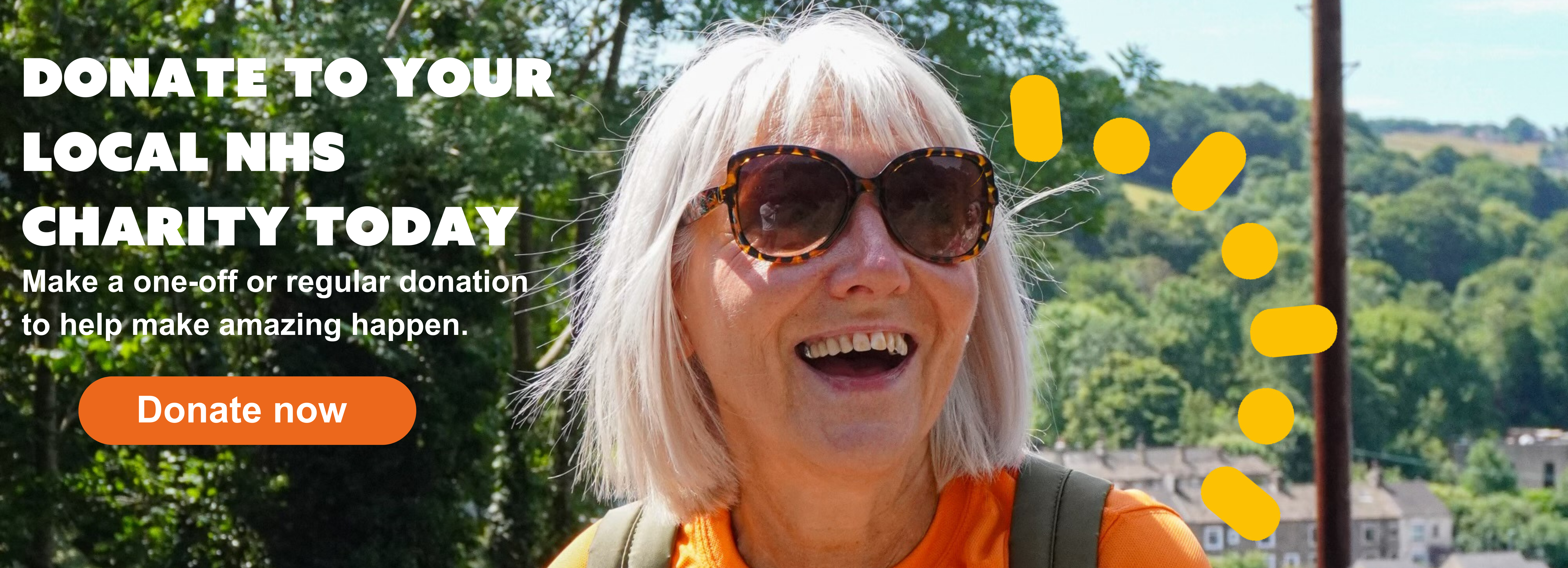 Fundraiser laughing. This is a donate now image, contains the wording 'Donate to your local NHS charity today' with donate button.