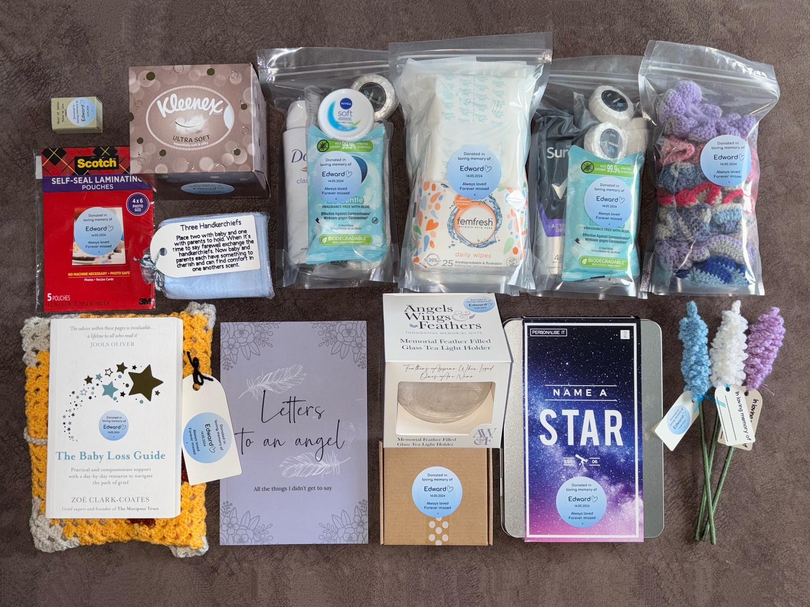 Donations that a family donated in memory of their baby. The donations range from care packs to journals to tissues