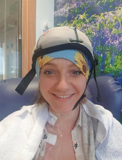 Cancer Patient wearing Paxman Scalp Cooler